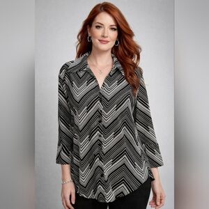 Bold Chevron Semi-Sheer Button Down Blouse From Fashion Bug - Size Large